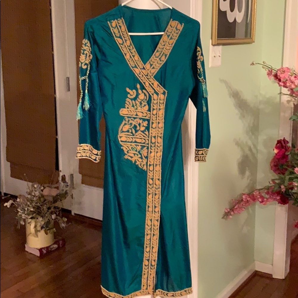 Silk gold and turquoise 3 piece kameez shalwar new